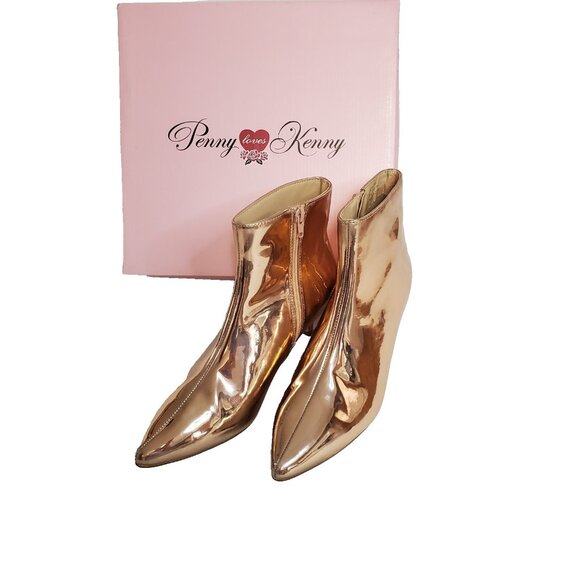 Penny Loves Kenny Size 9 Rose Gold Mirrored Metallic Shiny Boots Kitten Heels - Picture 1 of 11